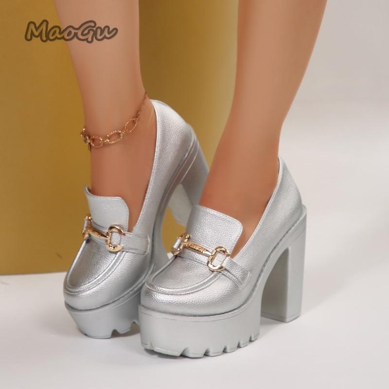 Мода Мода Слипоны Лоферы на массивном каблуке для женщин Золотые Серебристые Туфли на высоком каблуке Платформа Женская Металлическая отделка Банкетные туфли для вечеринки