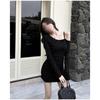 Black Off-the-shoulder Long Sleeve V-neck Dress Women's Spring Hot Girl Foreign Style Short Skirt Tight Hip Skirt