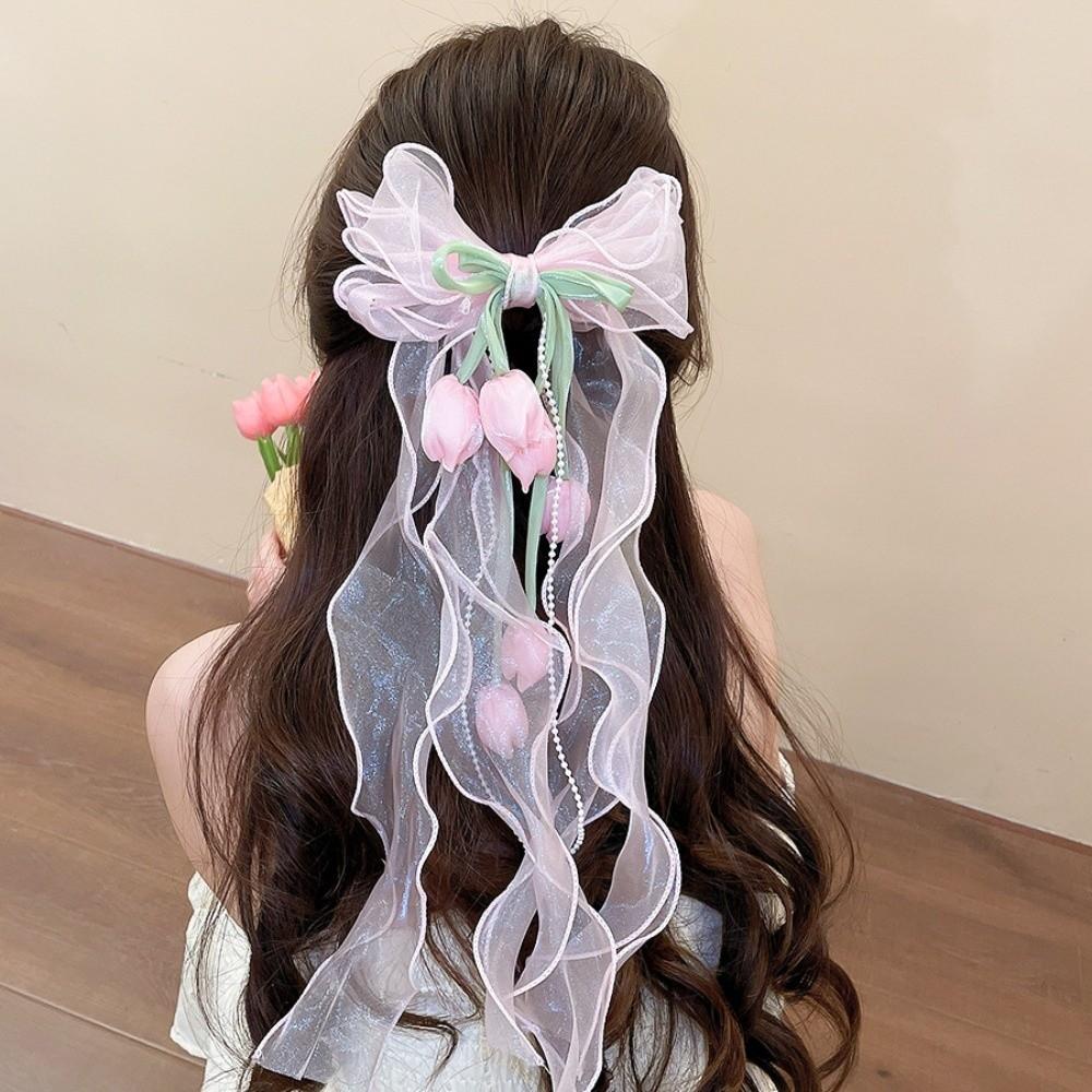Pendant Tassel Tulip Hair Clips Fairy Style Organza Bowknot Barrette Bloggers