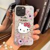 Чехол для iPhone 12 13 16 Plus 18 Pro Max Air XR 15 17 Pro 14 XS Max 11 Серебристый с блестками Трескающийся фон Хелло Китти с цветами