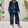 Women Plus Size Round Neck Long Sleeve Firework Star Printed Layered Top Wide Leg Cropped Pants Two Piece Set