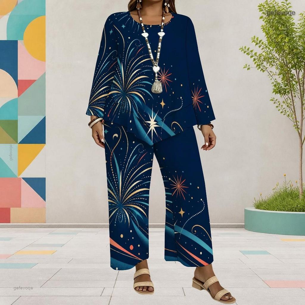 Women Plus Size Round Neck Long Sleeve Firework Star Printed Layered Top Wide Leg Cropped Pants Two Piece Set