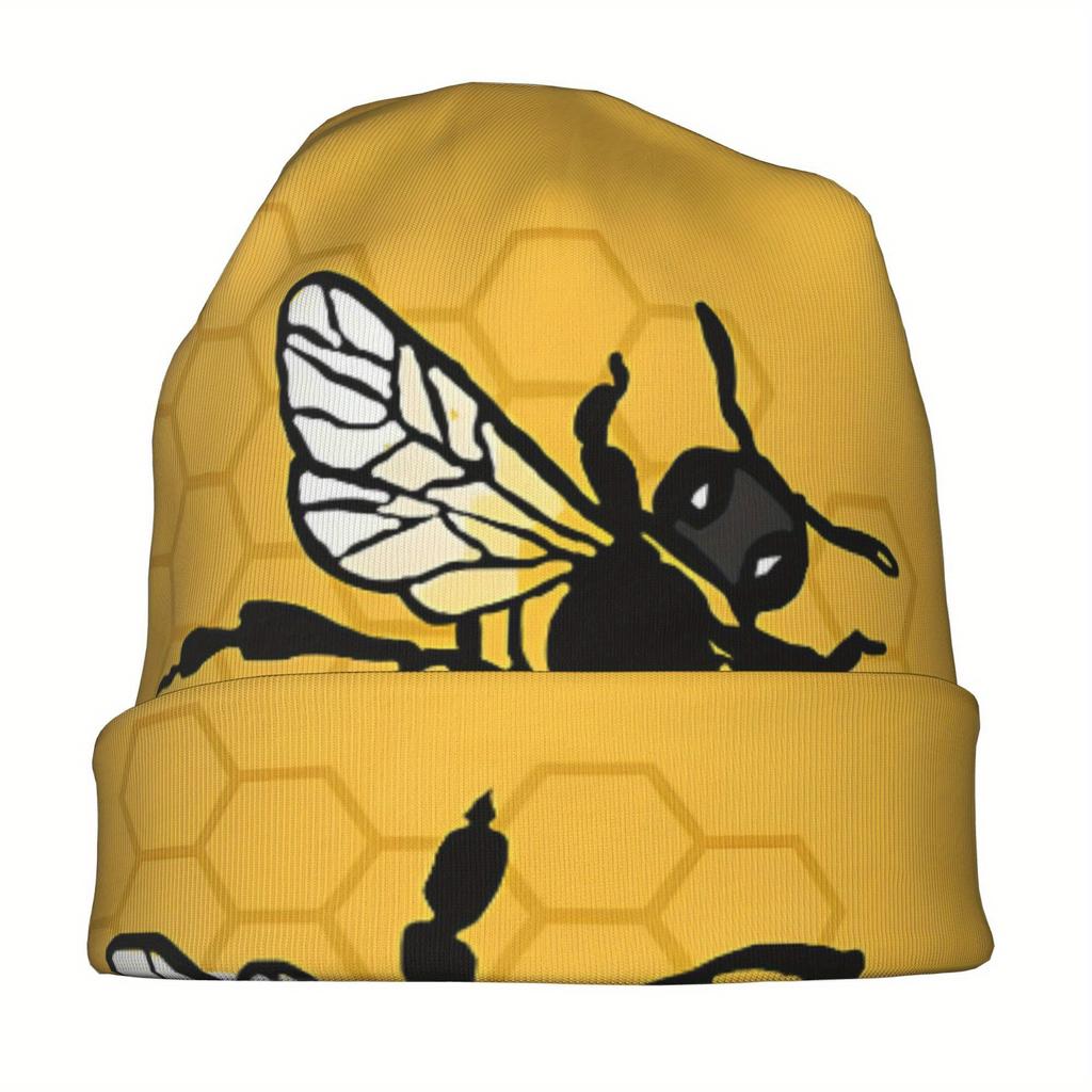 Мужская вязаная шапка-бини Just A Bee - Горчично-желтая, с рисунком пчелы и сот, Эластичная, удобная посадка, Модная оригинальная шапка для повседневной носки
