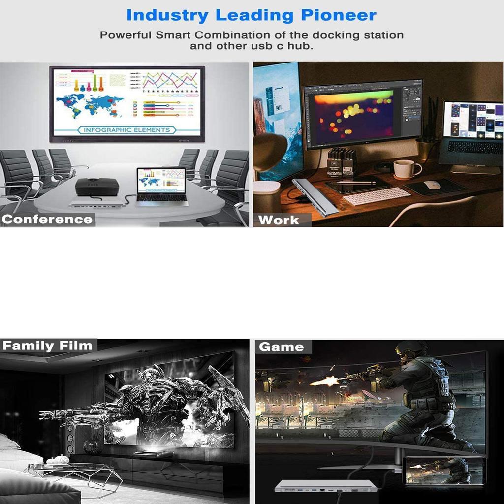 Док-станция 12-в-1: Двойной выход HDMI VGA, USB3.0, быстрая зарядка PD, аудиовыход 3,5 мм, RJ45, 87 Вт для U-диска, мыши, клавиатуры