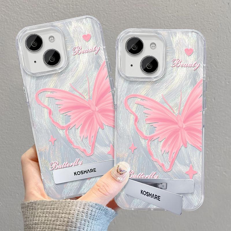 Suitable for Apple 15 Mobile Phone Case Summer Iphone14 Pink Butterfly Stand 13pm Feather Yarn Laser 12 High-end Women