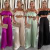 Elegant 25th Anniversary Strapless Pleated Long Pants Set In Solid Color