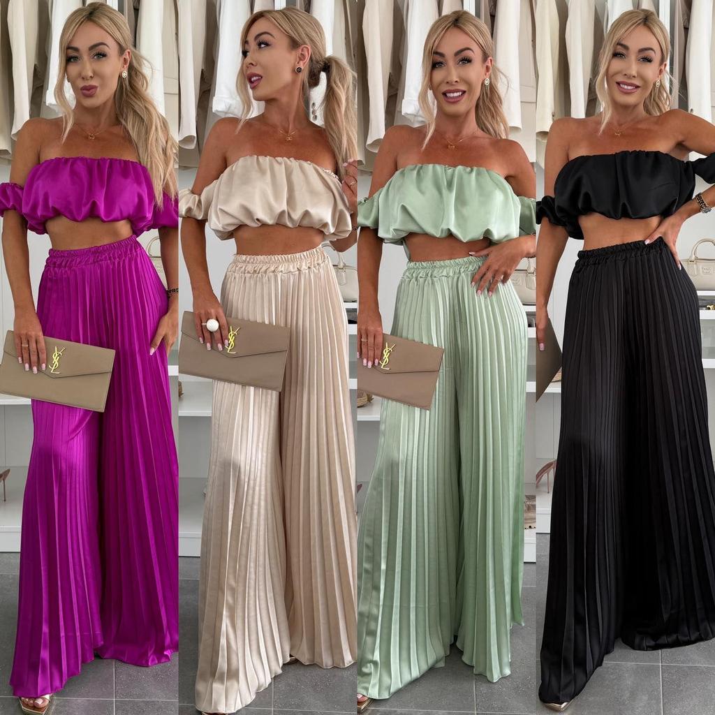 Elegant 25th Anniversary Strapless Pleated Long Pants Set In Solid Color