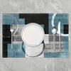4pcs Modern Tie-Dye Checkered Placemats - Watercolor Teal, Gray, White Grid Kitchen Mats with Geometric Circles & Abstract Desig
