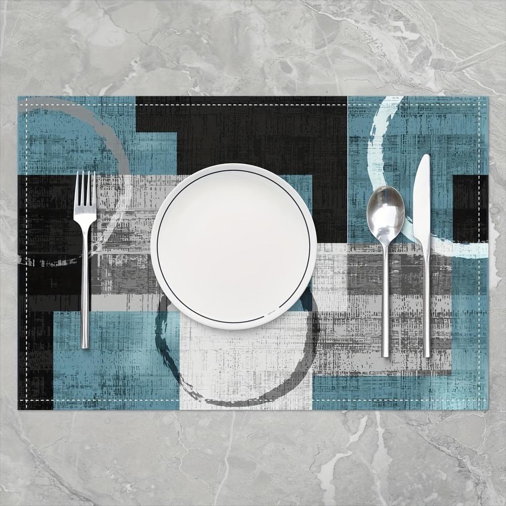 4pcs Modern Tie-Dye Checkered Placemats - Watercolor Teal, Gray, White Grid Kitchen Mats with Geometric Circles & Abstract Desig