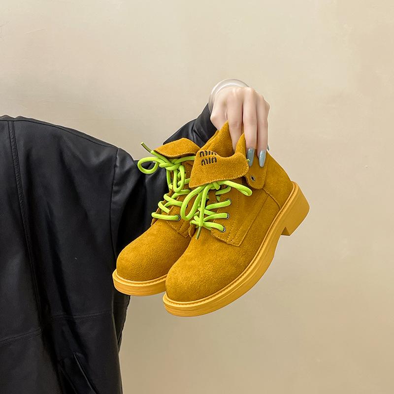 2025 осень и зима новая мода ретро британский стиль складные контрастного цвета толстый каблук ботинки Мартин женские повседневные рабочие ботинки короткие ботинки