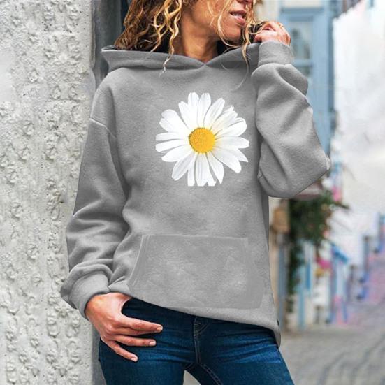 Autumn Spring Hoodie with Big Front Pocket Flower Printing Long Sleeve with Elastic Cuffs Pullover Thic Hooded Sweatshirt Daily Wear Sport Top