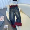 Velvet Thickened Without Elastic Straight Wide-leg Pants Nine-dispensed Belt Jeans for Women