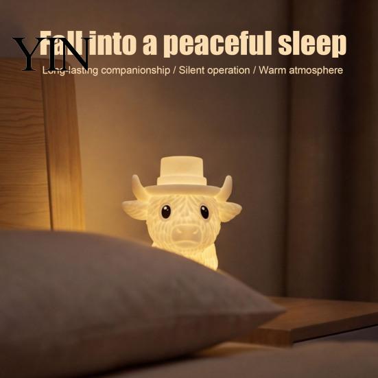 Soft Bedside Lighting Cute Highland Cow Night Light for Kids Nursery, Cartoon Warm Lamp, Portable Baby Decorative Desk Lamp with Eye Protection
