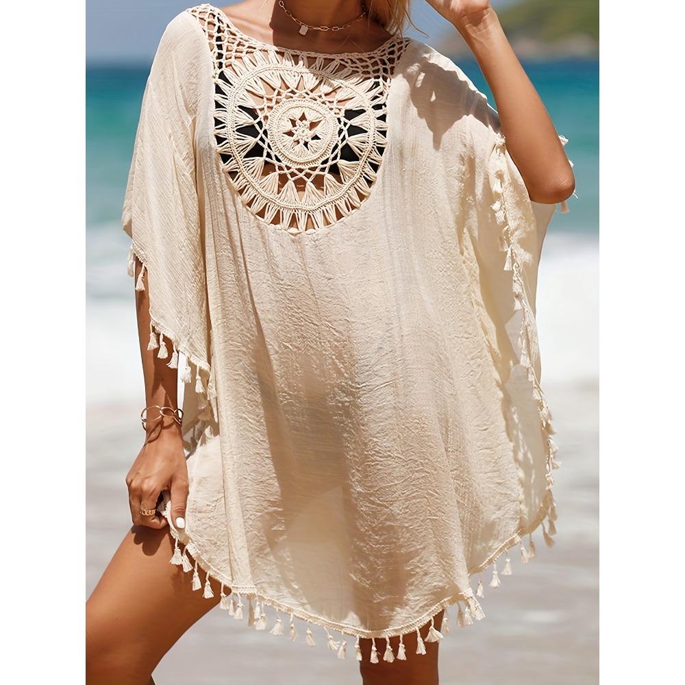 Вязаная крючком накидка в стиле бохо, женская накидка с круглым вырезом и кисточками, свободная посадка, женские купальники