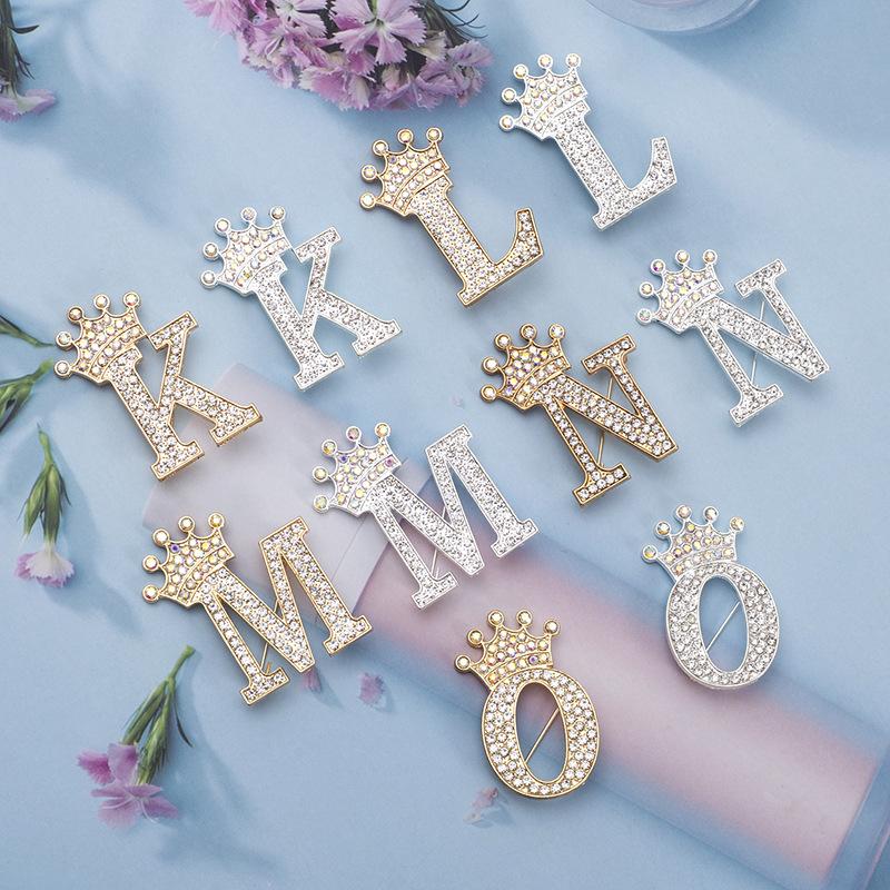 Fashion Crown 26 Initial Letters A To Z Rhinestone Brooches For Women Coat Dress Lapel Collar Pin Jewelry Accessries