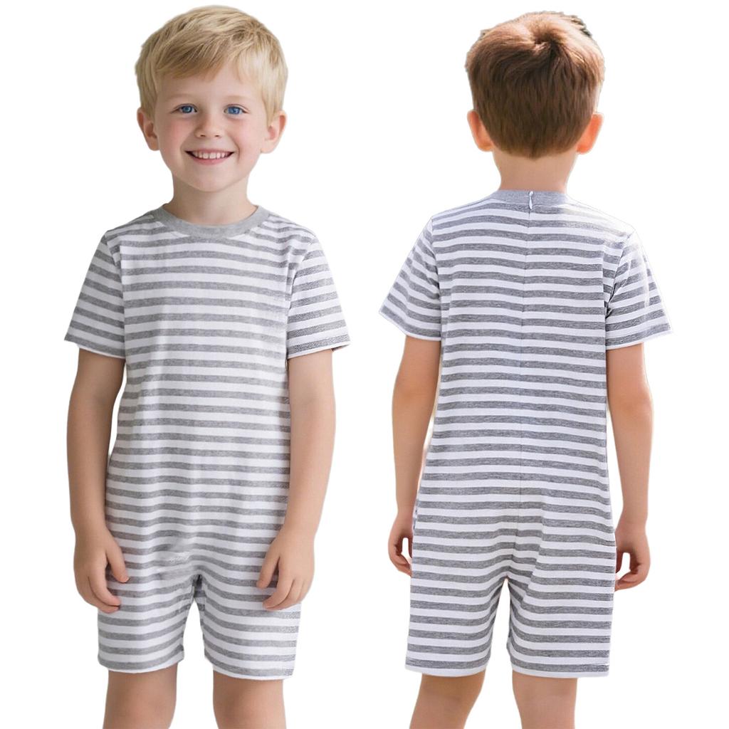 Thigh-Length Anti-Strip Romper for Kids: Invisible Back Zip, Breathable Short Sleeve, Ideal for Sensory & Behavioral Care
