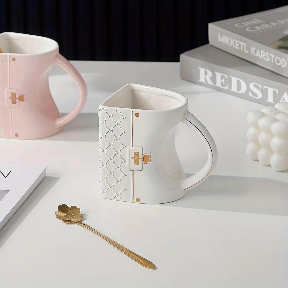 Кружка в форме сумки с ложкой Дизайн сумочки Керамические кружки Офисная домашняя кофейная чашка Десертная чашка для послеобеденного чая Посуда для напитков Изысканные подарки