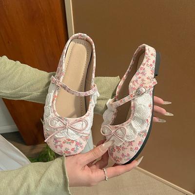 Модные кружевные туфли-балетки с кружевным бантом, полуоткрытые, новые весенне-летние, с круглым носком, с мелким вырезом, мягкой подошвой, противоскользящие, износостойкие шлепанцы