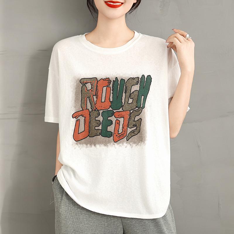 DIMANAF 2025 Women New Summer Loose Plus Size T-Shirt Short Sleeves Cotton Vintage Printing Tops Tees Maxi