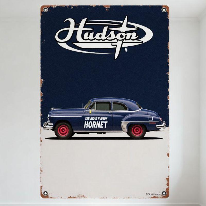 Винтажная металлическая жестяная вывеска автомобиля Hudson Hornet с ржавой каймой, ретро-американский автомобильный дизайн для декора домашнего бара, мужской комнаты