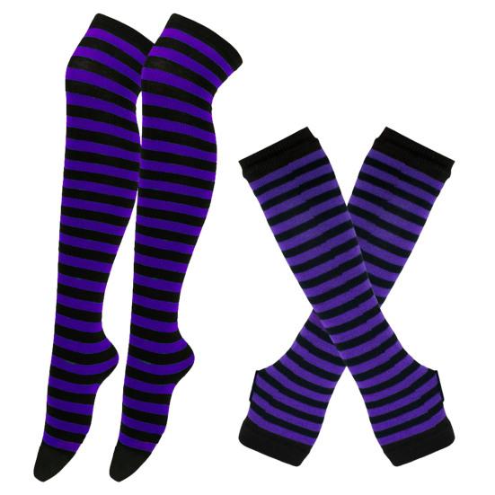 Winter Socks Gloves Set Striped Keep Warm Regular Fit Solid Color High Socks Arm Sleeves Set for Daily Wear