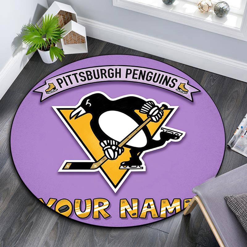 Custom Name Pittsburgh Penguins2 Round Area Rug,Carpet Rug for Living Room Bedroom Sofa Playroom Decor,Non-slip Floor Mat