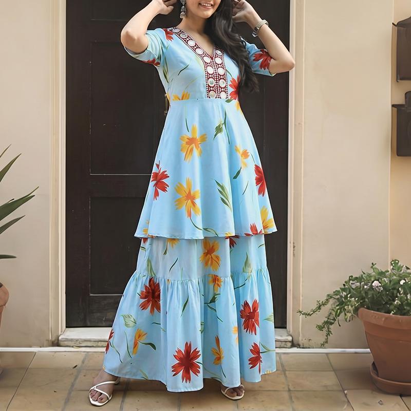 ZANZEA Women Short Sleeve Blouse and Long Skirts Floral Print Two Piece Suit Sets
