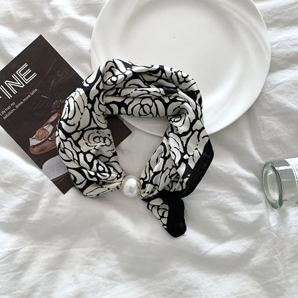 Flower Pearl Magnetic Buckle Scarf Print Scarves Printed Silk Scarf Retro Polka Dot Scarf Vacation