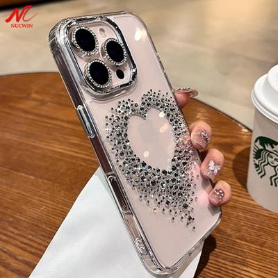 Роскошный чехол Diamond Love Heart для iPhone 16 Pro Max 16 Plus Прозрачный акриловый металлический чехол для iPhone 13 12 11 14 15 Pro Max