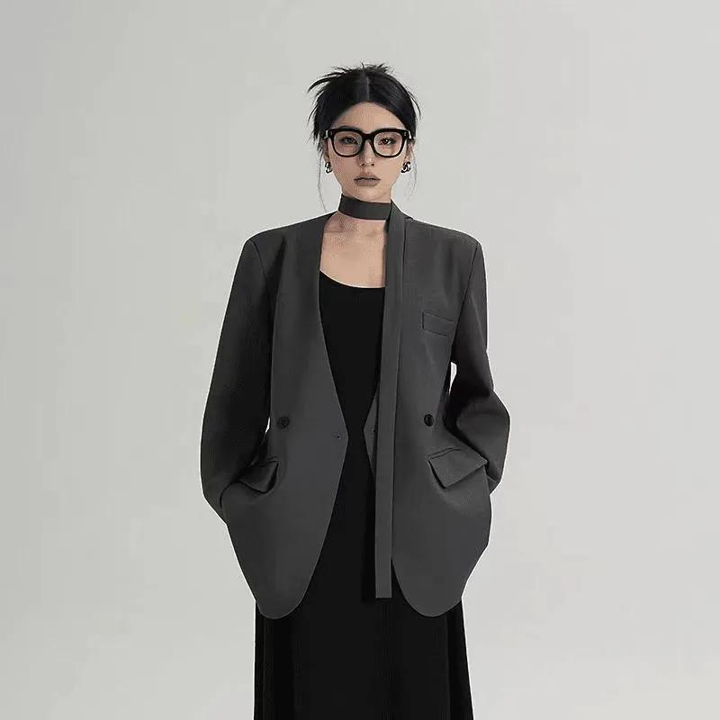 Женский oversize блейзер из смесовой шерсти бордового цвета, повседневная свободная куртка с открытым передом