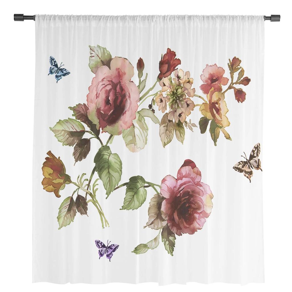 Vintage Flower Floral Sheer Curtain for Bedroom Tulle Voile Curtain for Kitchen Living Room Decor Window Treatment