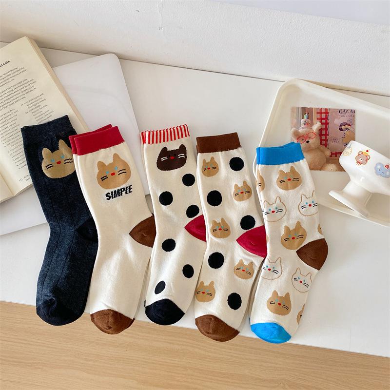 Spring 2025 Korean Polka Dot Kitten Women's Cotton Mid-Calf Socks - Sweet, Cute, and Breathable