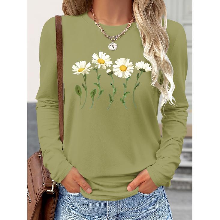 fall clothes for women Five white-petal, yellow-centrum daisies with green stems and leaves print sportswear womens tops Long-sleeved comfortable