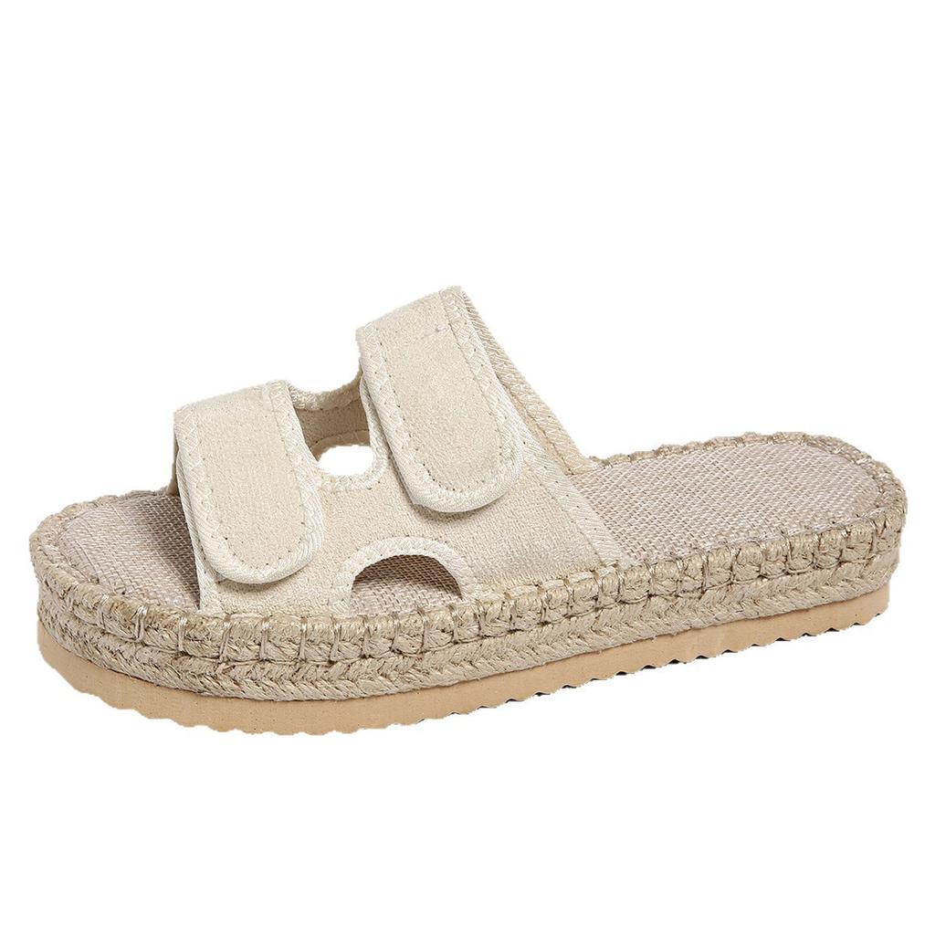 Повседневная нескользящая уличная обувь, шлепанцы на толстой подошве, женские 2025 лето, новинка, нишевые шлепанцы на липучке, с подошвой из пеньковой веревки, прохладные шлепанцы с перемычкой