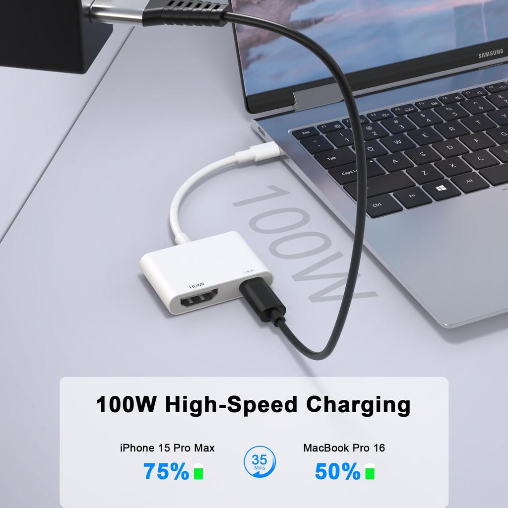 To HDMI Adapter for Connecting iPhone 16 To a To HDMI Adapter with 100W Fast Charging Connecting iPhone Pro Pro Max To an HDTV Projector Monitor USB-C