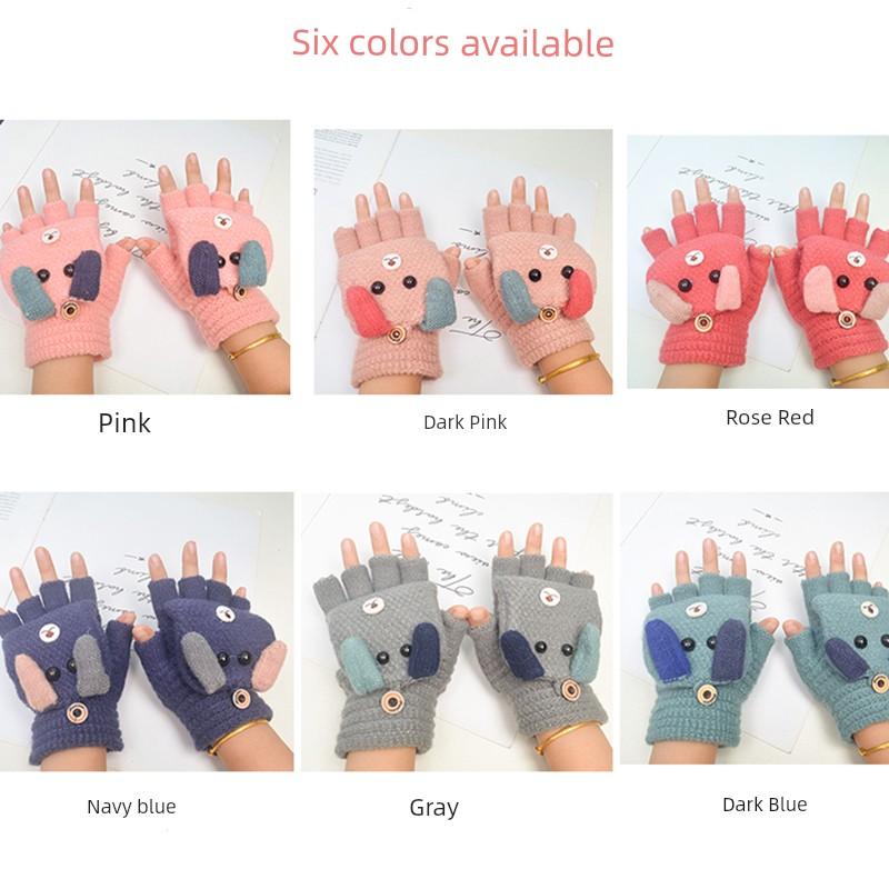 Children's Gloves with Half-Finger Flip Cover, Winter Cute Thickened Warm Five-Finger Gloves for Boys and Girls, Suitable for Elementary School
