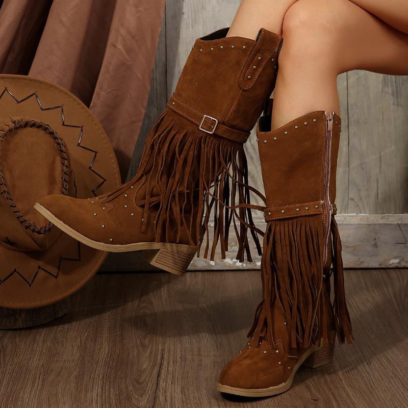 Suede Vintage Fringe Boots Winter New Rivet Belt Buckle Pointed Toe Mid-Top Boots Plus Size Knight Boots Women