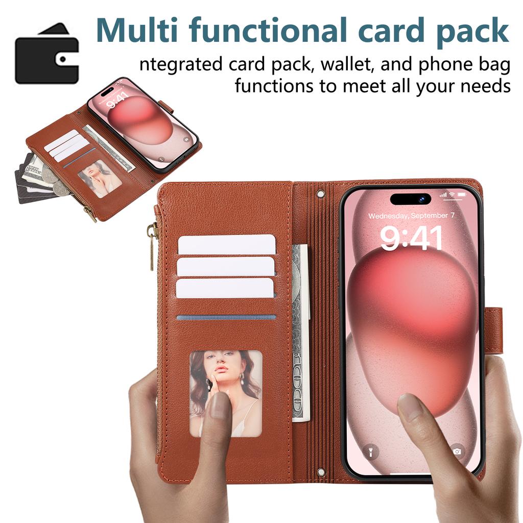 For iPhone 15 Pro Case Multi Card Slots Zipper Leather Phone Cover with Wrist Strap