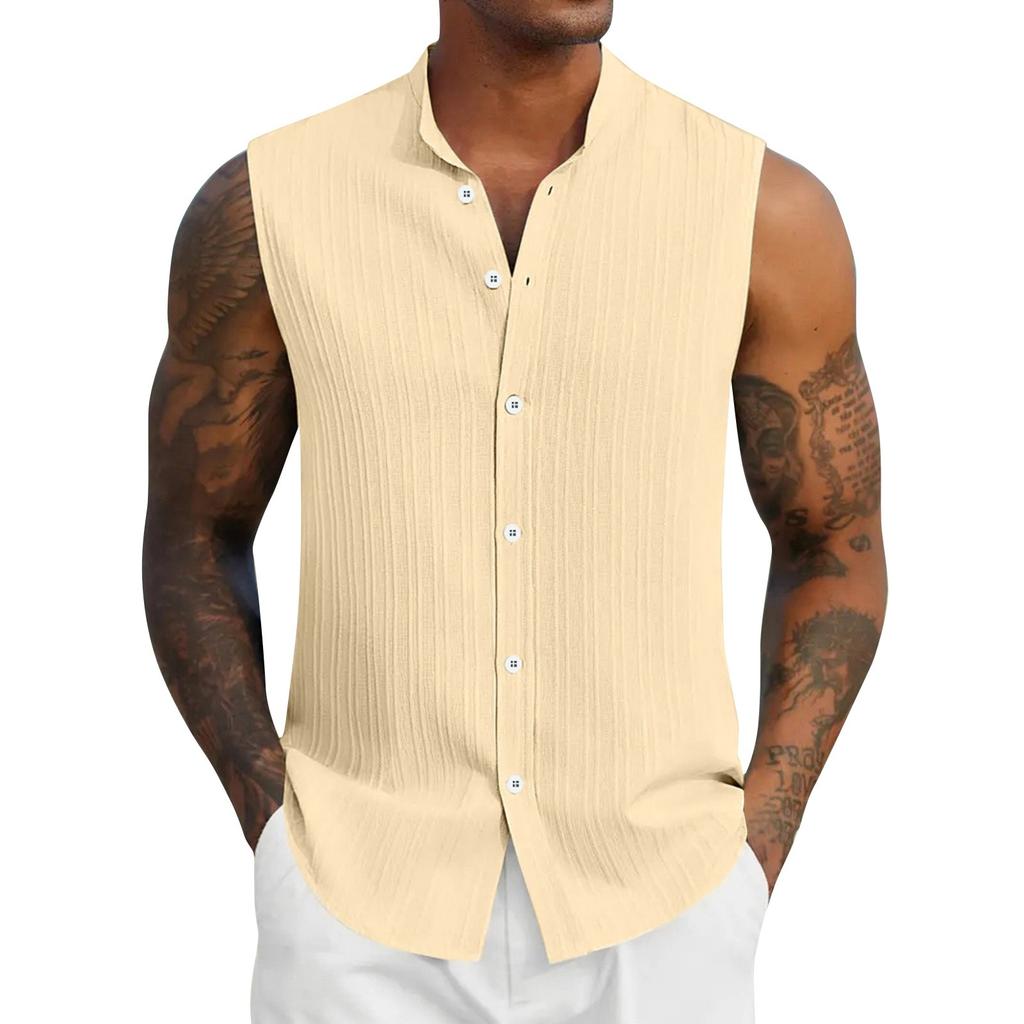Мужская летняя однотонная рубашка без рукавов со стойкой воротником, мужская повседневная модная рубашка без рукавов
