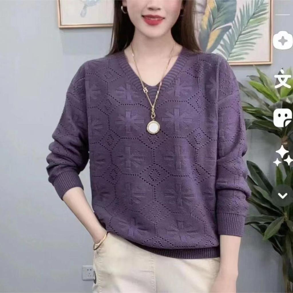 Spring and Autumn New Sweater Knitwear Hollow V-neck Versatile Fashion Loose Bottom T-shirt Small Shirt Women's Casual Solid Color