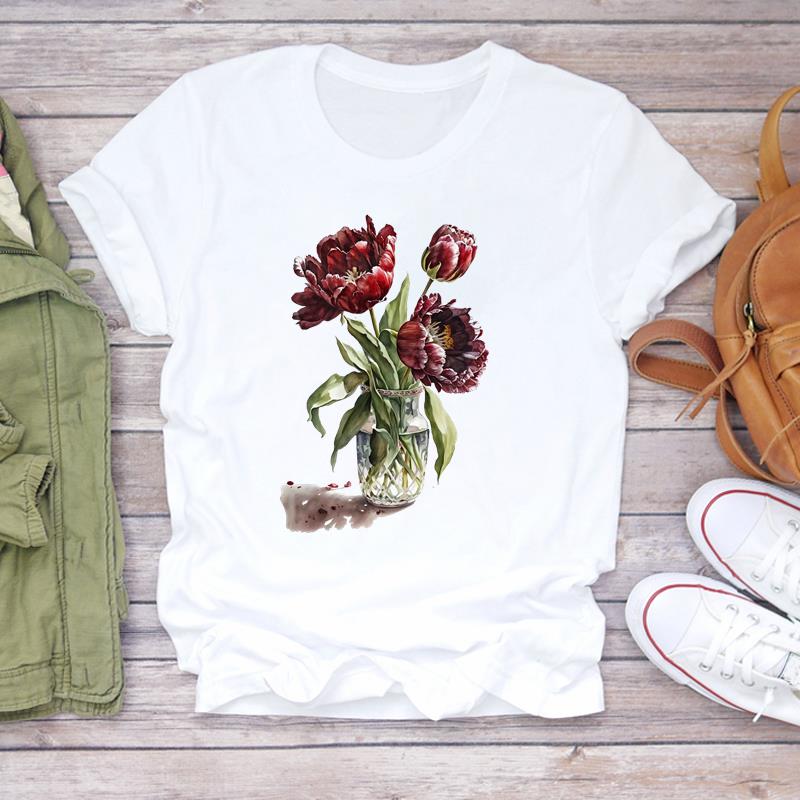 (Азиатский размер) Женская футболка с цветочным рисунком 90-х годов, трендовая милая футболка с принтом, одежда, повседневная женская модная футболка с коротким рукавом, женская футболка с графическим рисунком
