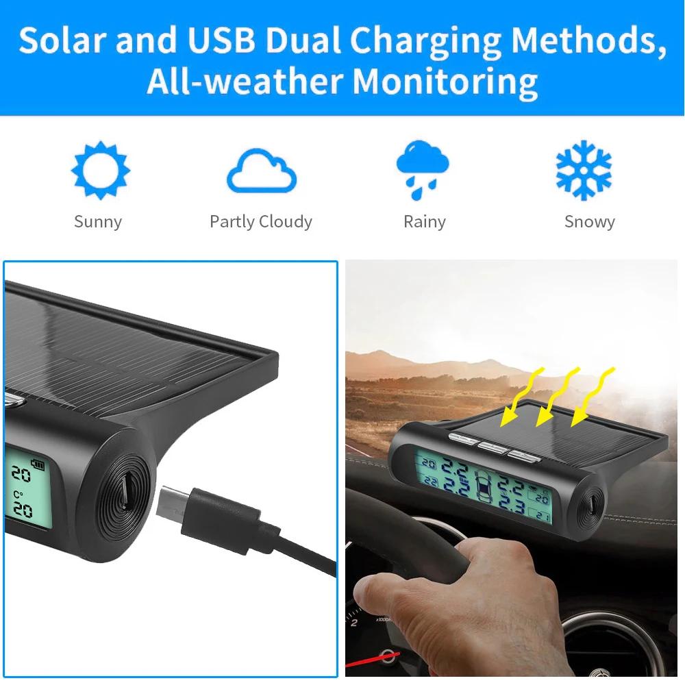 Smart TPMS Solar Tyre Pressure Monitoring System 4 Sensors Display Solar Intelligent Car Tyre Pressure Air Pressure Gauge
