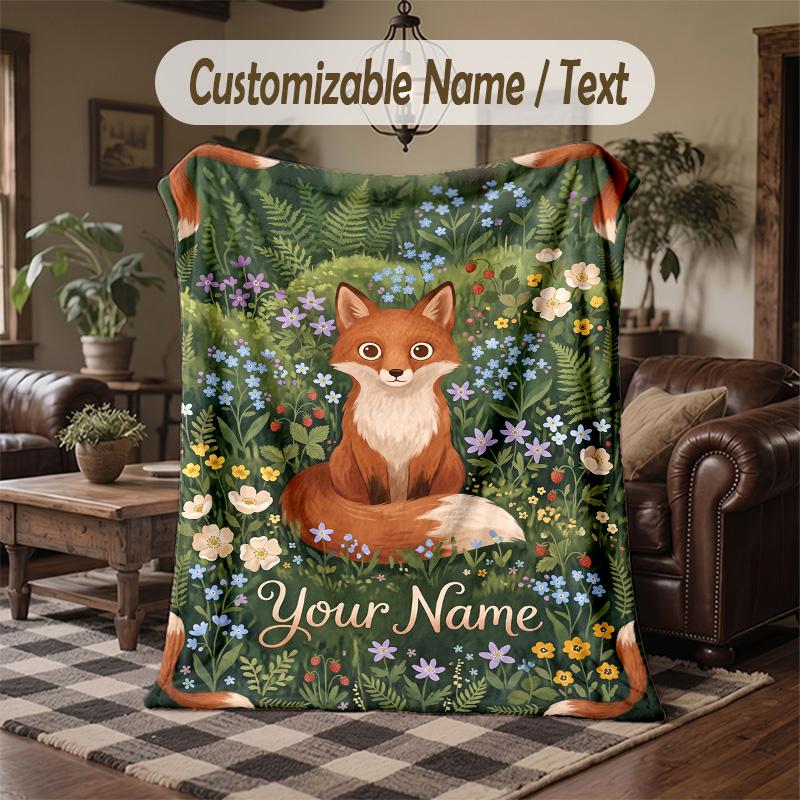 Fox Garden 3 Theme Throw Blanket Custom Name Text Personalized Blanket Soft Cozy Blanket for Home Sofa Bed