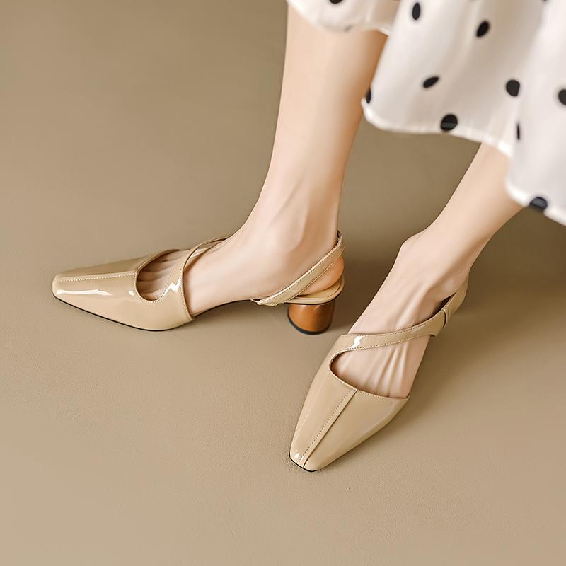 New Summer Women Sandals Patent Leather Shoes for Women Square Toe Chunky Heel Shoes Elegant Cover Toe Slingback Hollow Sandals