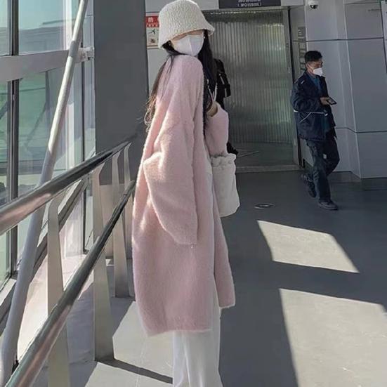 Женское зимнее пальто с длинными рукавами, утолщенное плюшевое, однотонное, длиной до середины икры, уютный кардиган с защитой от ветра и температурным фиксатором