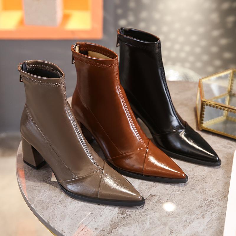 2024 Autumn/Winter New Women's Shoes Korean Fashion Pointed Back Zipper High Heels Short Boots Thick Heels Classic Women's Boots