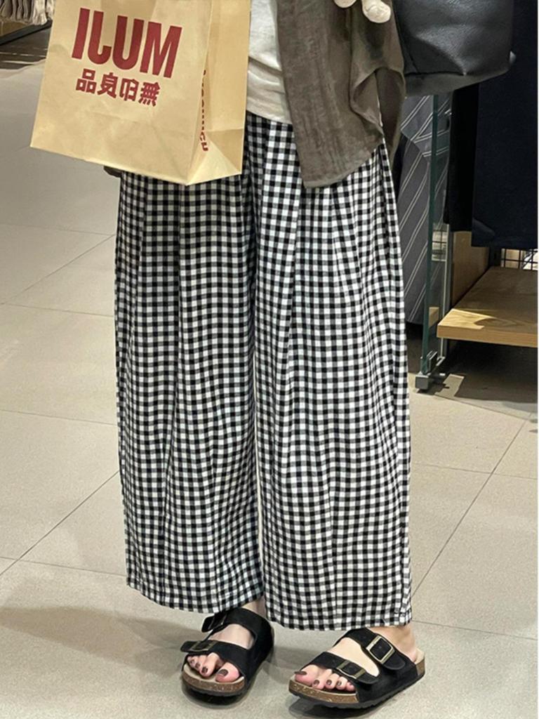 Women's Black & White Plaid High-Waisted Slimming Cotton-Linen Pants, Summer 2025 Style, Petite Nine-Point Length.