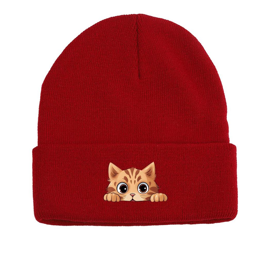 Cartoon Ginger Cat Winter Knit Cap Beanie, Animal Woman Cap Versatile Candy Color Sporting Pompom Beanies Knitted Hat Beanie