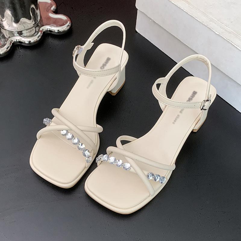 French One-word Strap High Heels Women's Summer 2025 New Versatile Skirt Medium Heel Thick Heel Fashion Sandals High Heels