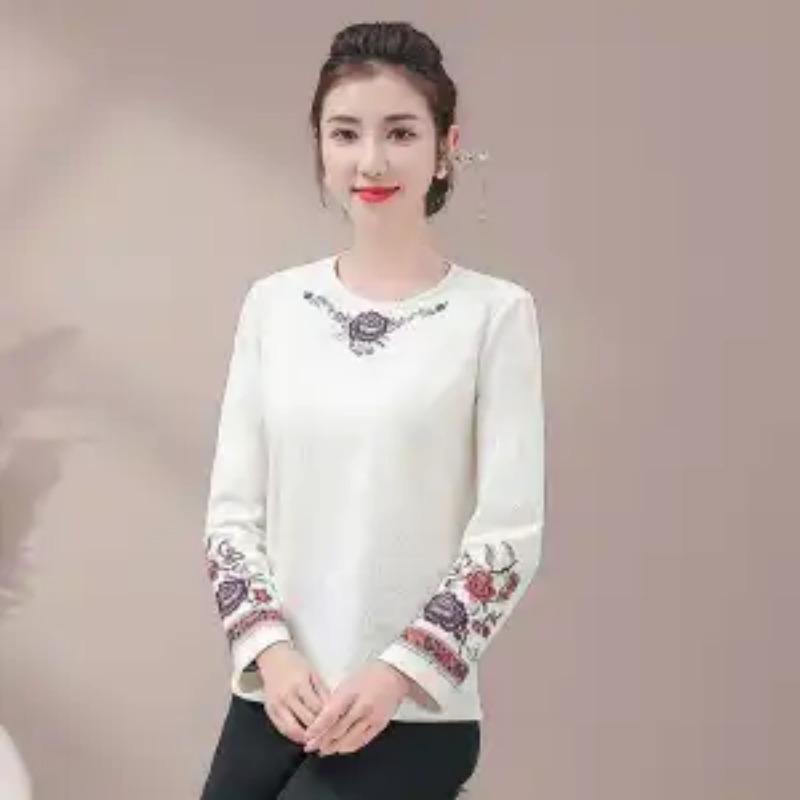 Осенне-зимняя базовая рубашка с плюшевой подкладкой, ретро-вышивка в этническом стиле, футболка с круглым вырезом, универсальный и элегантный топ для женщин
